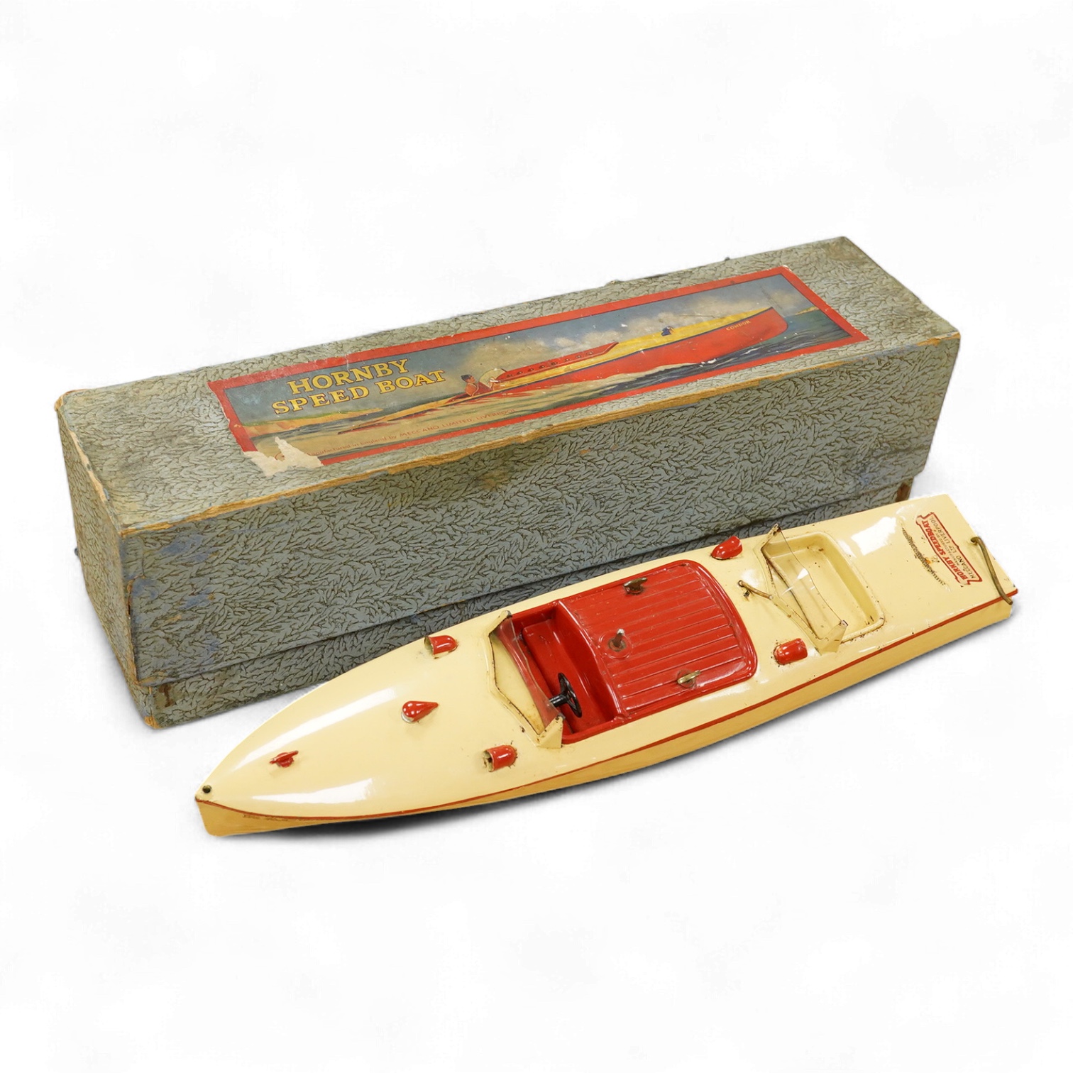 A boxed Hornby tinplate clockwork Speed Boat No.3, Racer III, with original instruction leaflet